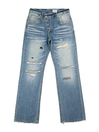 PATCHWORK TWISTED STRAIGHT DENIM PANTS (LIGHT BLUE)