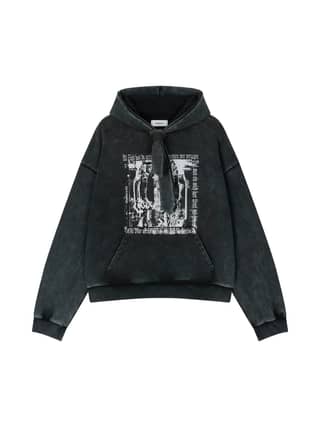 COTTON FADED WASHED FAKE SCARF HOODIE (BLACK)