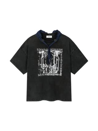 COTTON FADED WASHED RE-WORK SCARF T-SHIRT (BLACK)