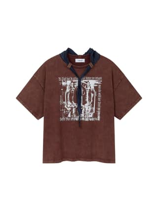 COTTON FADED WASHED RE-WORK SCARF T-SHIRT (WINE)