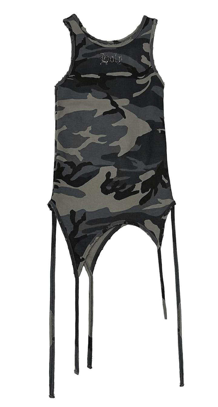 Back Slit Waffle Shirring Top _ Camo