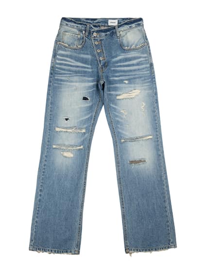 PATCHWORK TWISTED STRAIGHT DENIM PANTS (LIGHT BLUE)