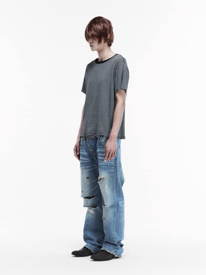 PATCHWORK TWISTED STRAIGHT DENIM PANTS (LIGHT BLUE)