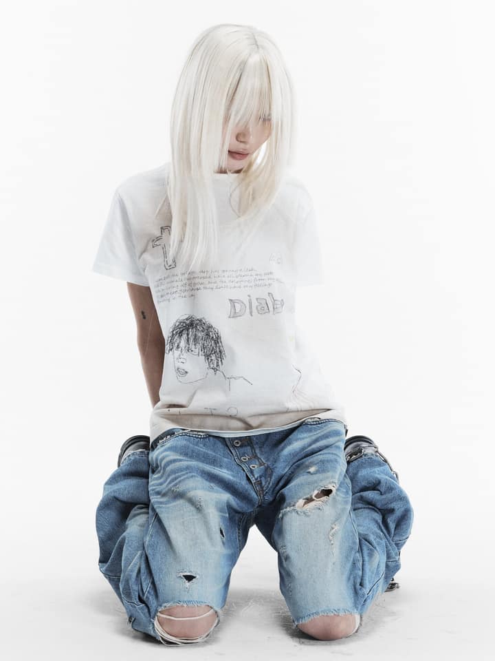 PATCHWORK TWISTED STRAIGHT DENIM PANTS (LIGHT BLUE)