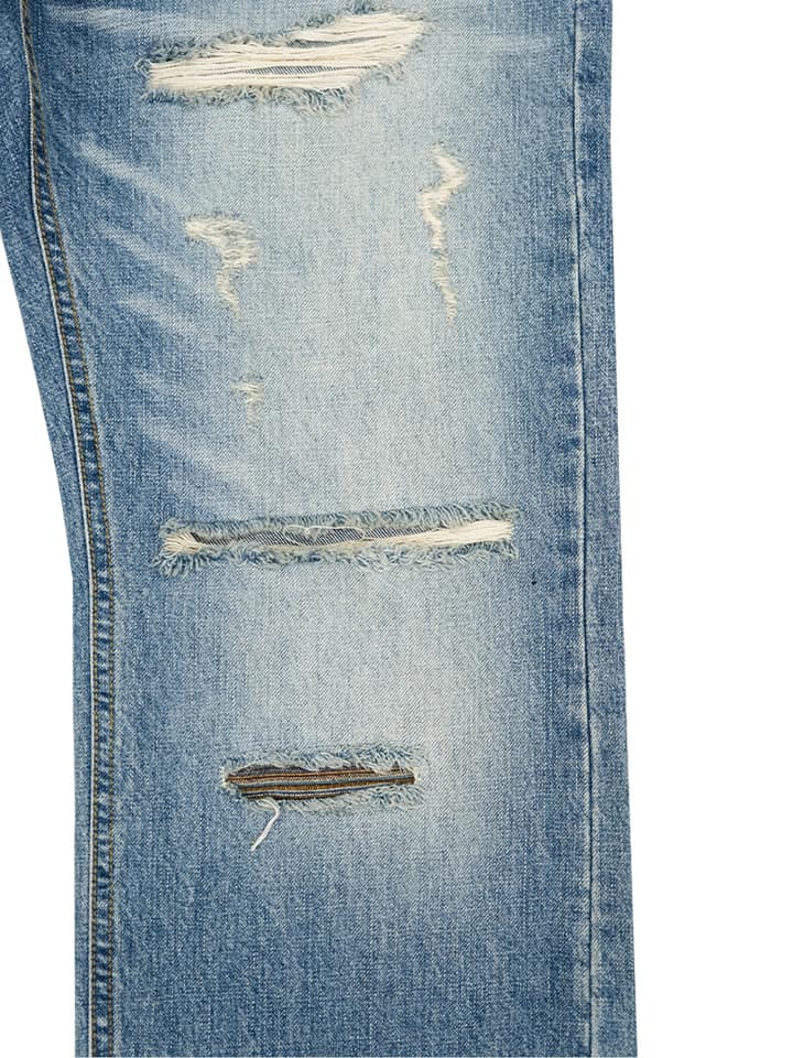 PATCHWORK TWISTED STRAIGHT DENIM PANTS (LIGHT BLUE)