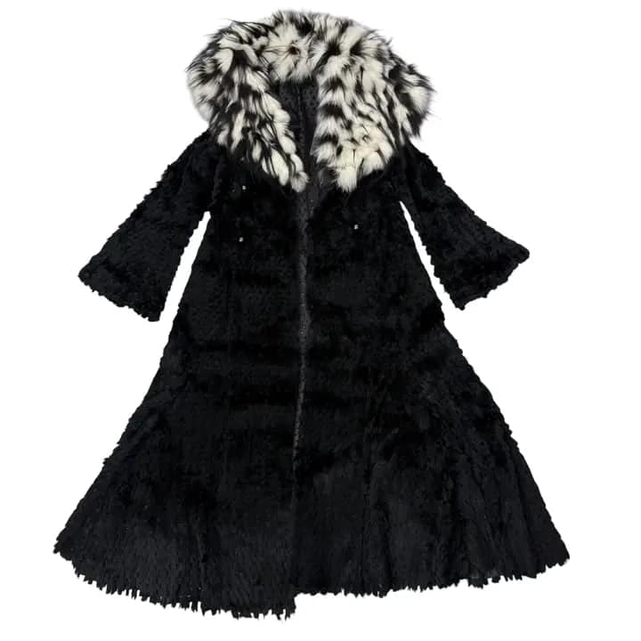 Giorgio Armani Black Sheared Mink Contrast Fox Collar Long Coat