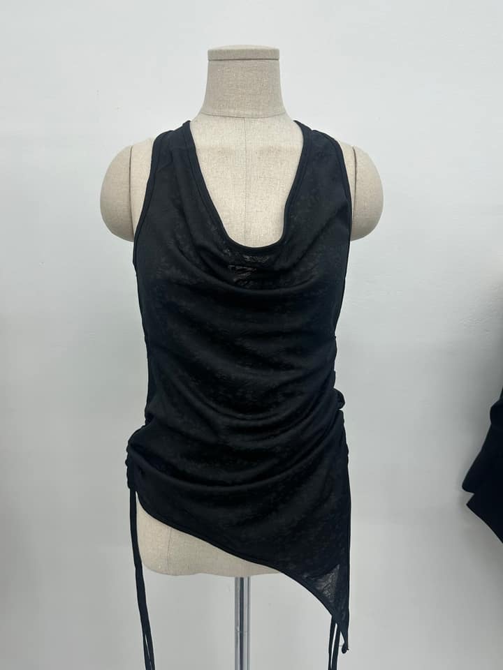 shirred Halter Sleeveless Top_BLACK