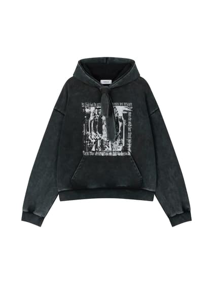 COTTON FADED WASHED FAKE SCARF HOODIE (BLACK)