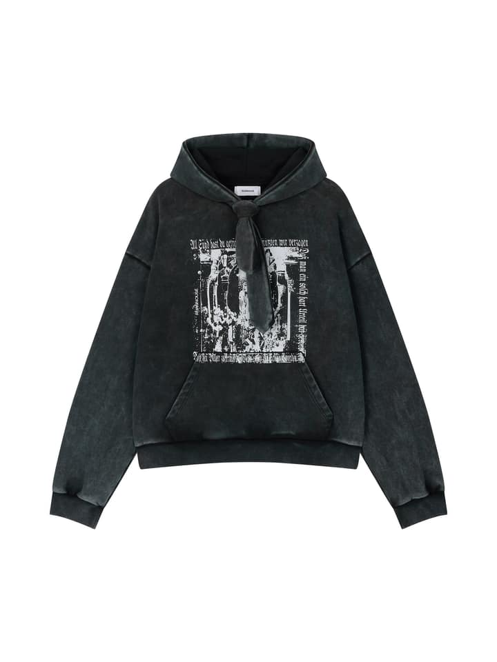 COTTON FADED WASHED FAKE SCARF HOODIE (BLACK)