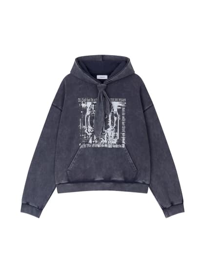 COTTON FADED WASHED FAKE SCARF HOODIE (NAVY)