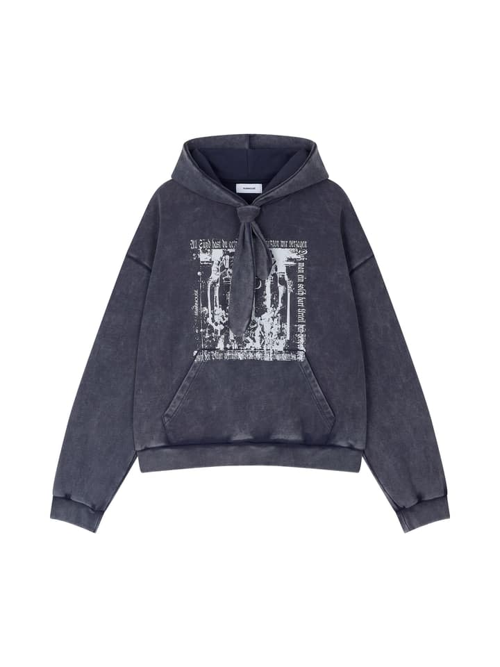 COTTON FADED WASHED FAKE SCARF HOODIE (NAVY)