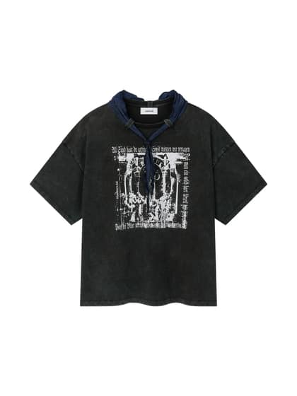 COTTON FADED WASHED RE-WORK SCARF T-SHIRT (BLACK)