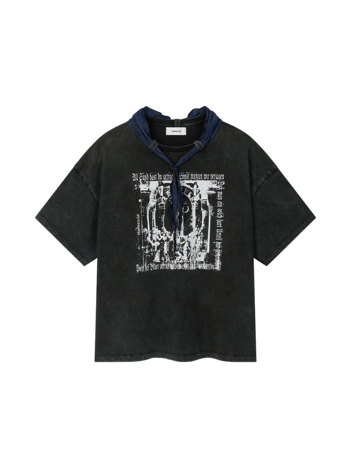 COTTON FADED WASHED RE-WORK SCARF T-SHIRT (BLACK)