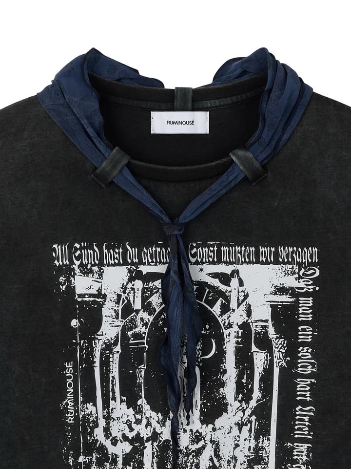 COTTON FADED WASHED RE-WORK SCARF T-SHIRT (BLACK)