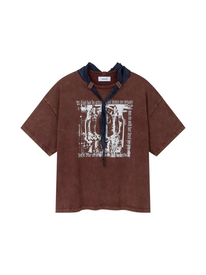 COTTON FADED WASHED RE-WORK SCARF T-SHIRT (WINE)