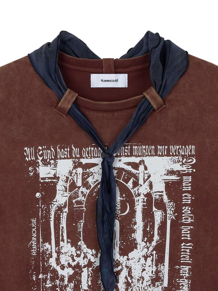 COTTON FADED WASHED RE-WORK SCARF T-SHIRT (WINE)