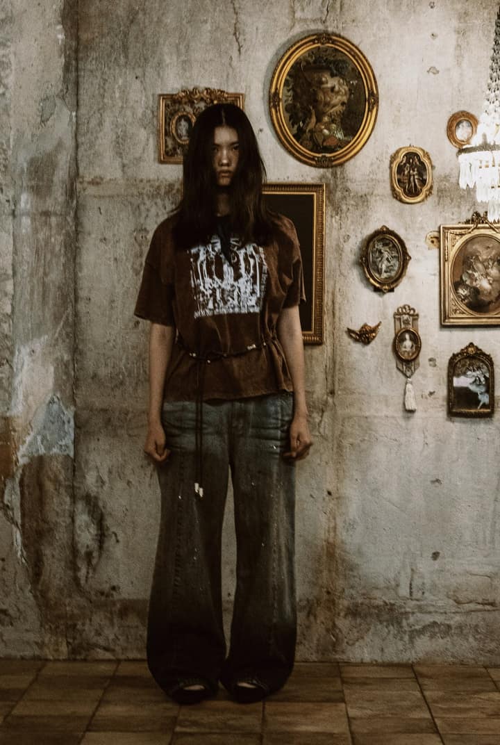 COTTON FADED WASHED RE-WORK SCARF T-SHIRT (WINE)