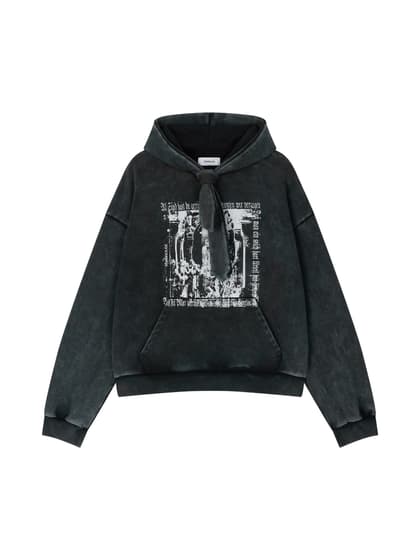 COTTON FADED WASHED FAKE SCARF HOODIE (BLACK)