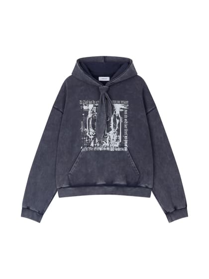 COTTON FADED WASHED FAKE SCARF HOODIE (NAVY)