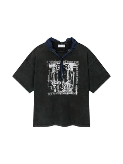 COTTON FADED WASHED RE-WORK SCARF T-SHIRT (BLACK)