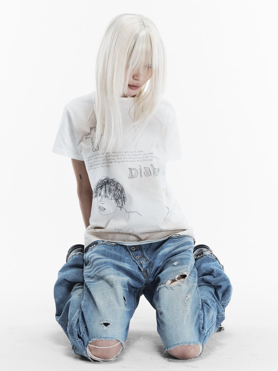 PATCHWORK TWISTED STRAIGHT DENIM PANTS (LIGHT BLUE)