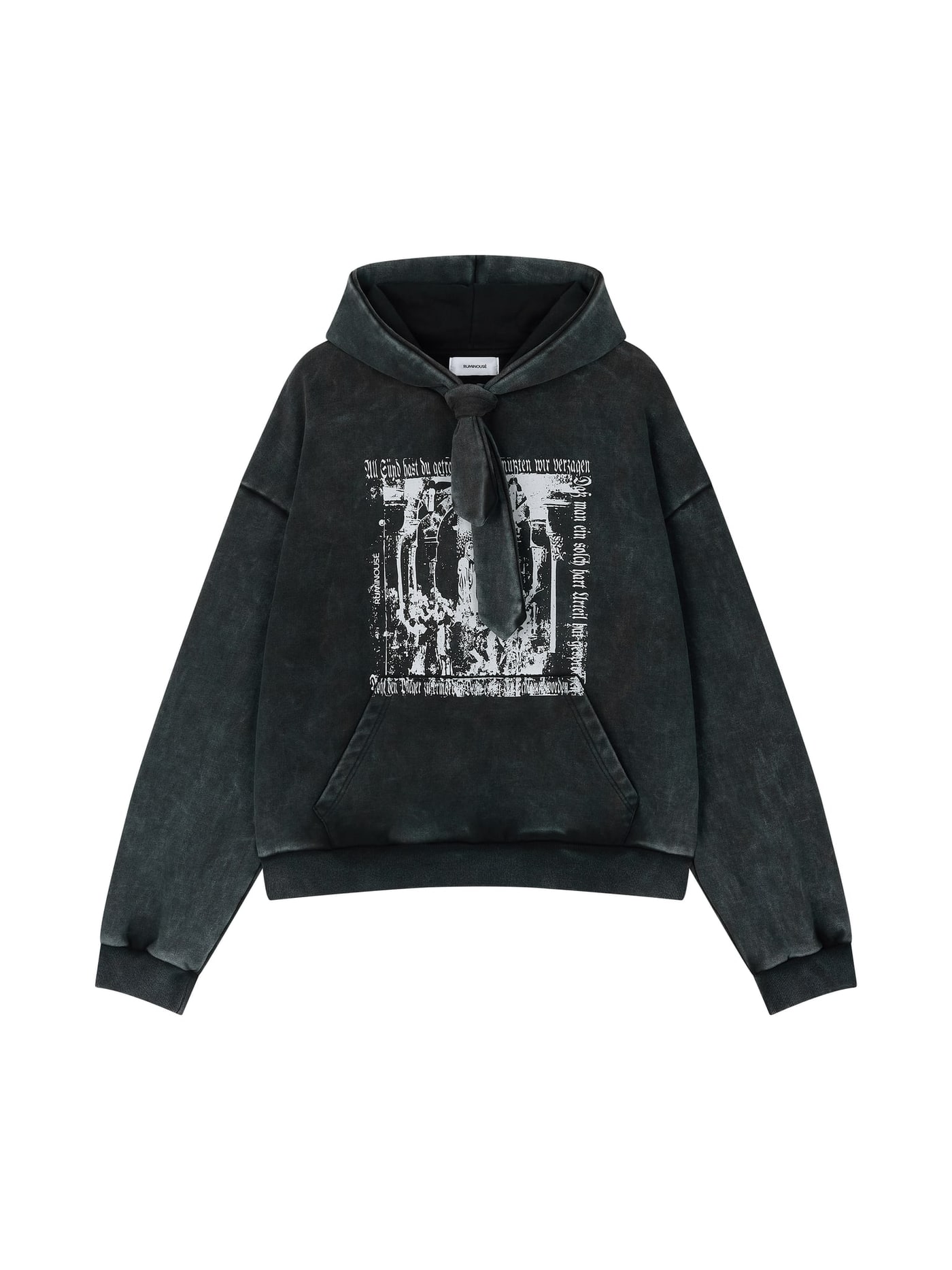 COTTON FADED WASHED FAKE SCARF HOODIE (BLACK) 상세 이미지 1