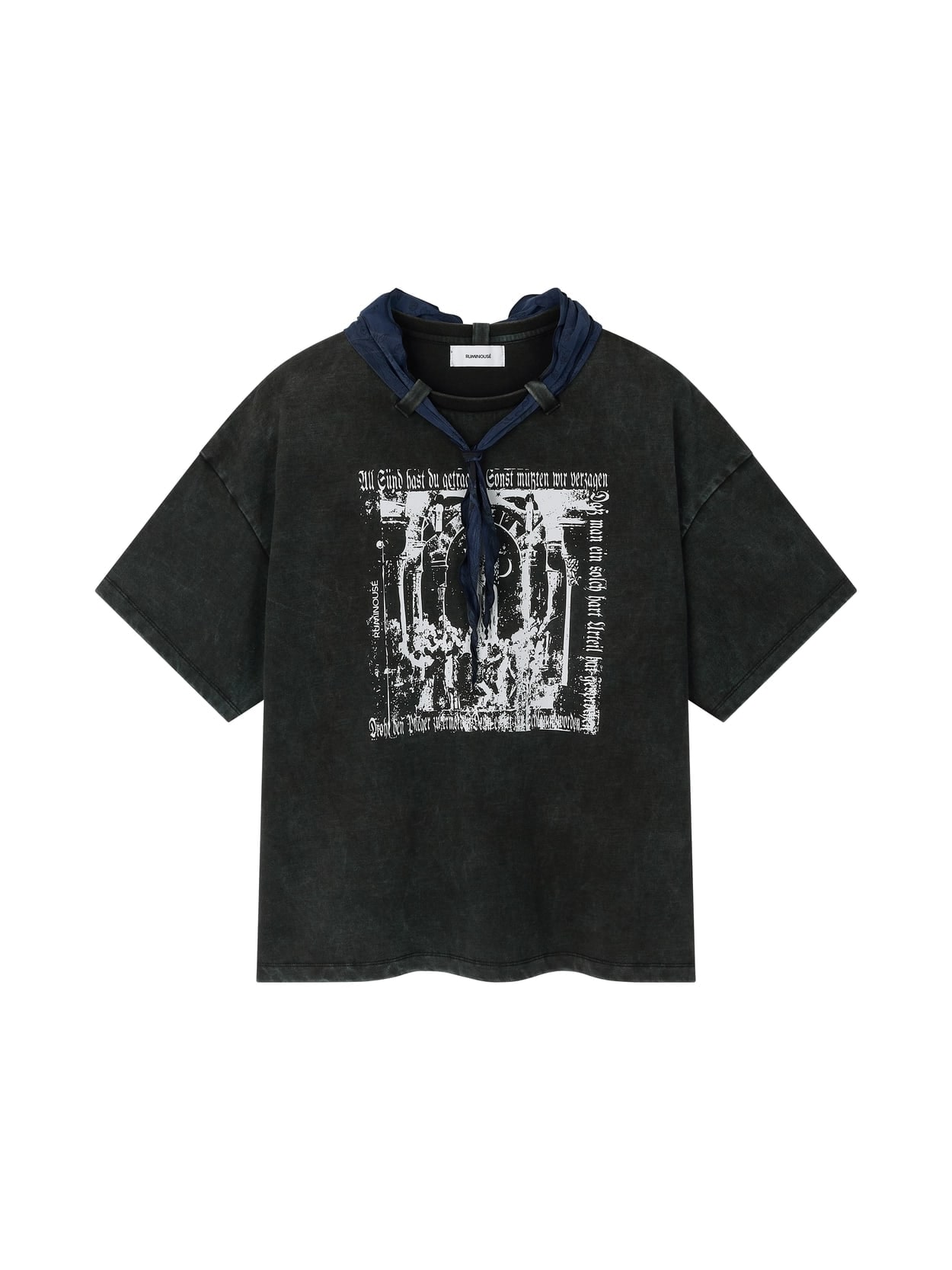 COTTON FADED WASHED RE-WORK SCARF T-SHIRT (BLACK) 상세 이미지 1