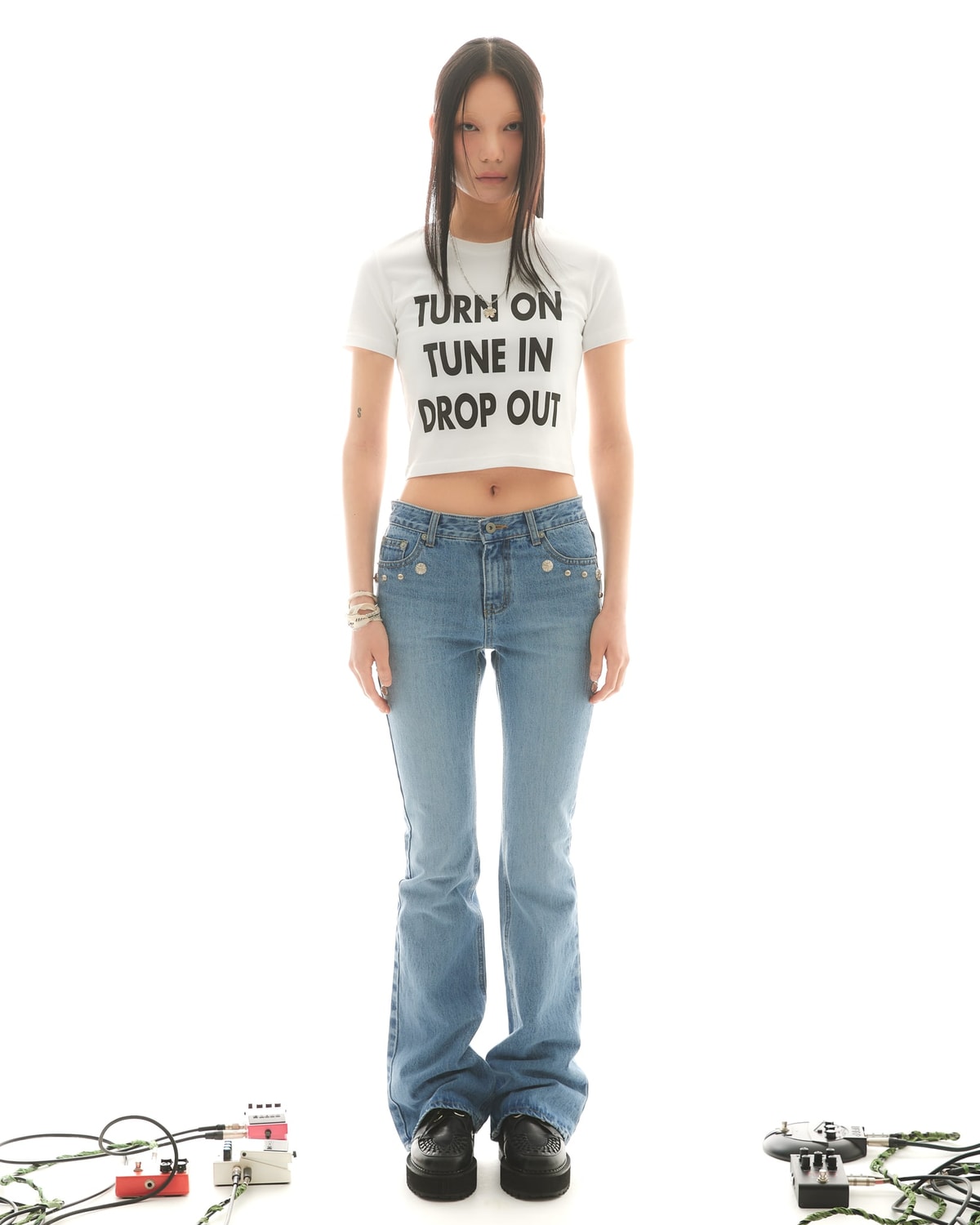 STUD BOOTCUT DENIM PANTS (LIGHT BLUE) WOMEN