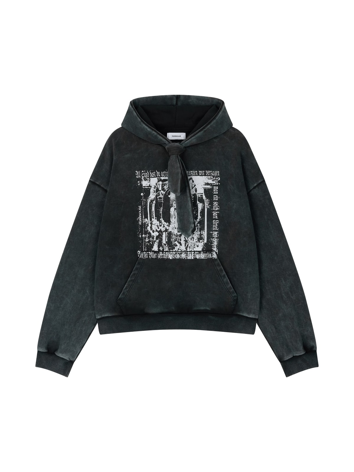 COTTON FADED WASHED FAKE SCARF HOODIE (BLACK)