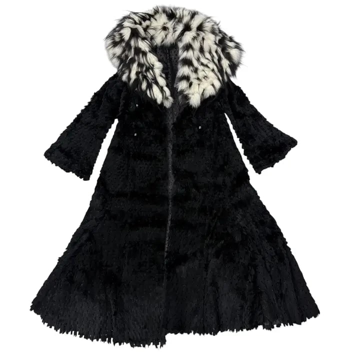 Giorgio Armani Black Sheared Mink Contrast Fox Collar Long Coat