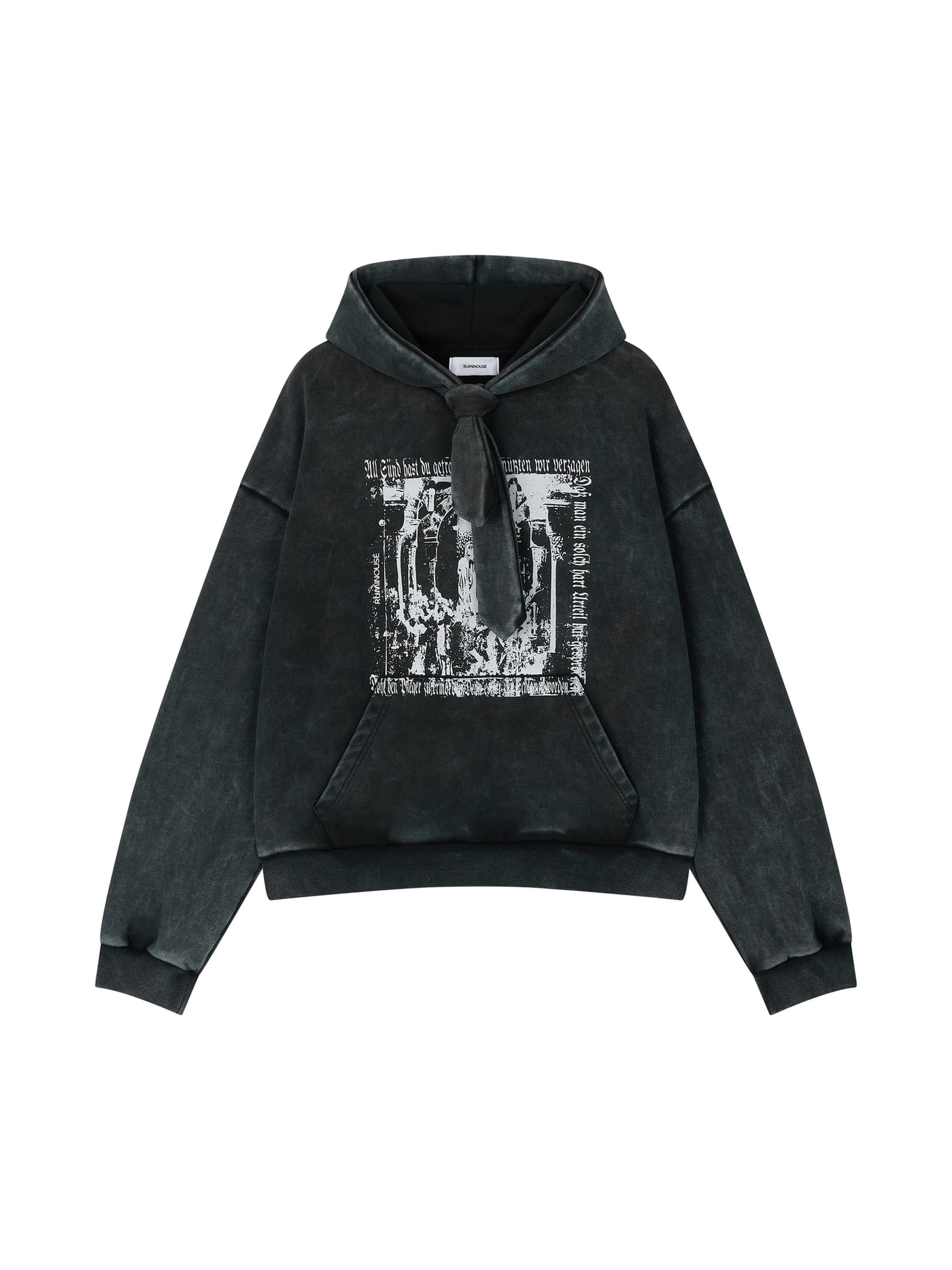 COTTON FADED WASHED FAKE SCARF HOODIE (BLACK)